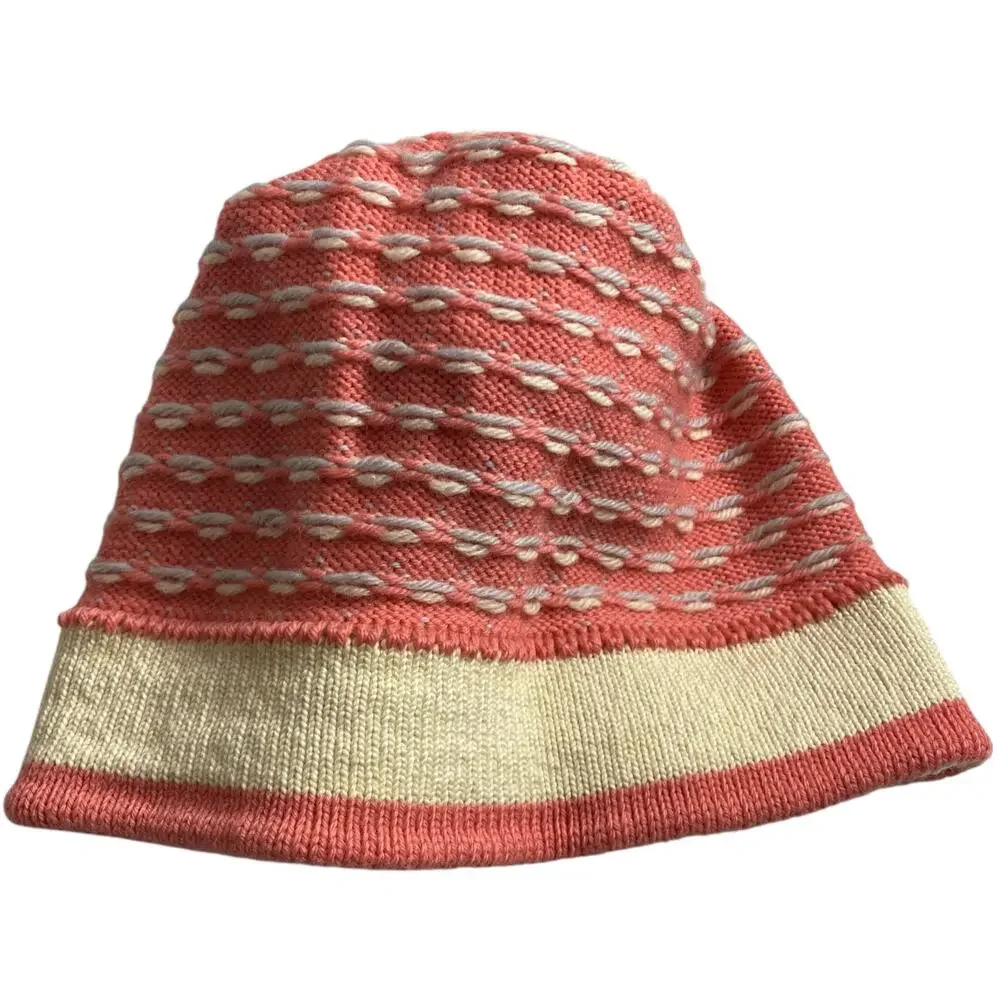 Vintage 80s Serac Wool Beanie Pink Birdseye Print Pom Pom Womens Ski Hat USA